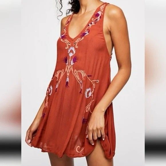 Free People Dress Small Boho Festival Embroidered Slip Adelaide Terracota Flowy - Picture 1 of 9